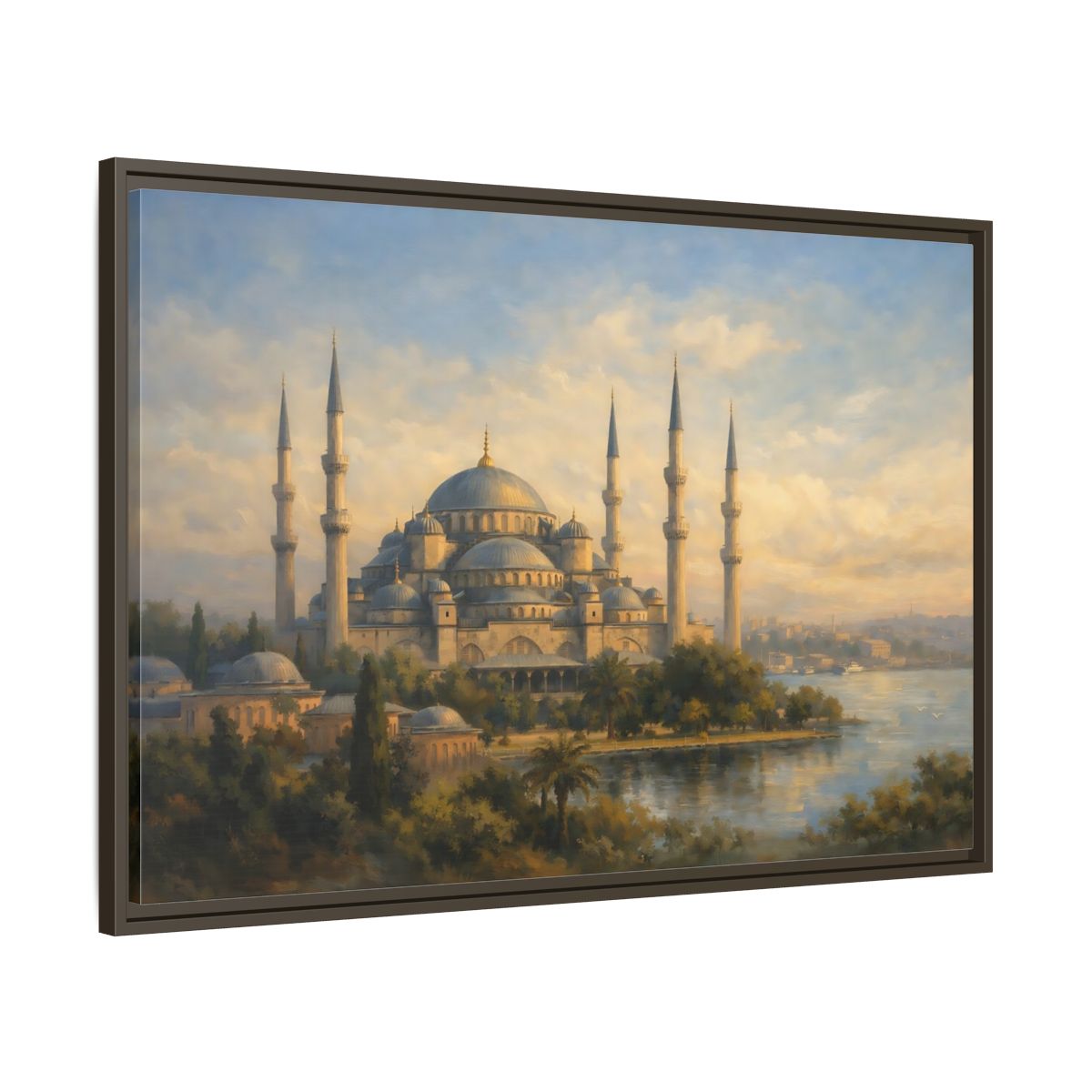 Side Mockup 9. Religious Mosque Blue Gold Mosque shown as stretched canvas wall art