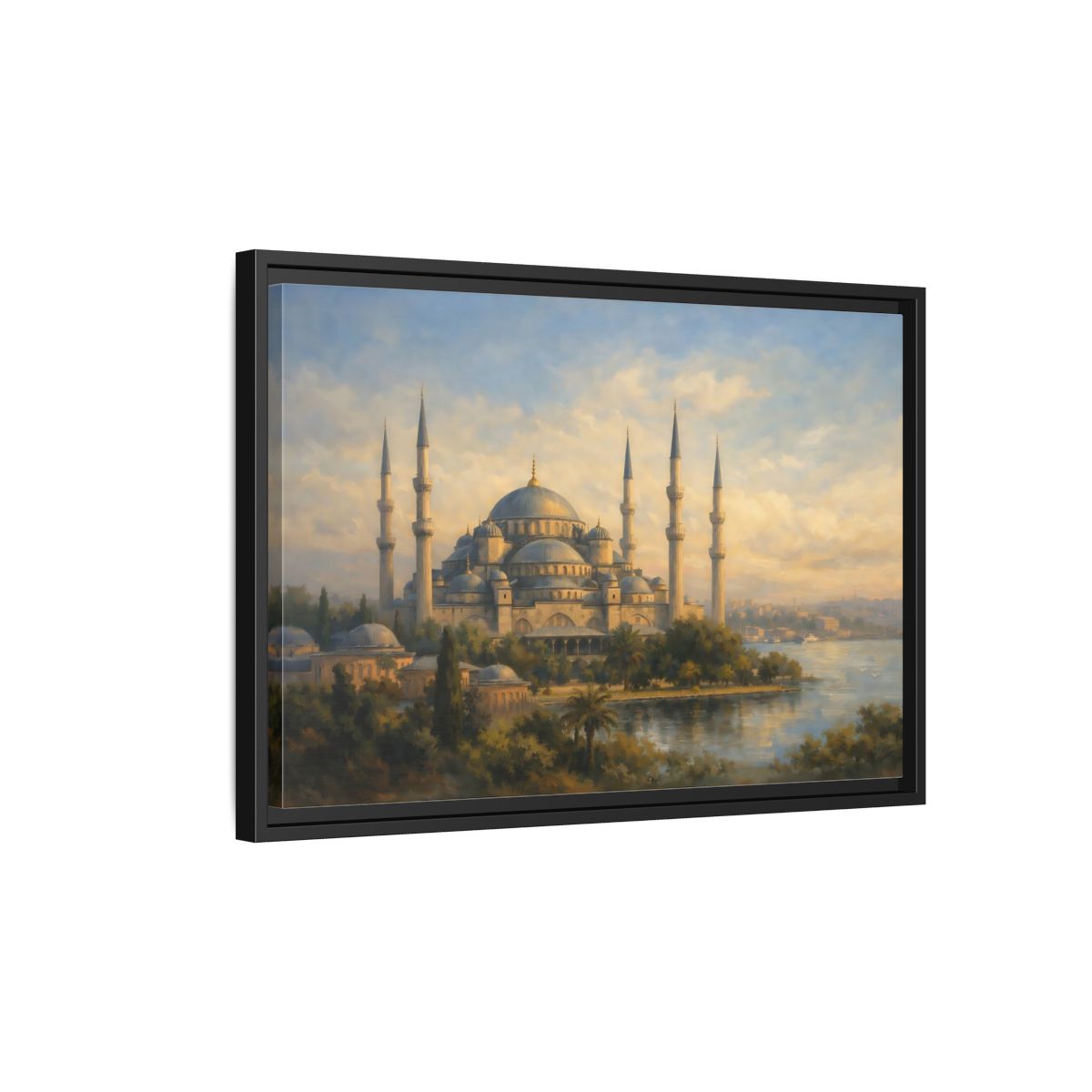Side Mockup 3. Religious Mosque Blue Gold Mosque shown as stretched canvas wall art