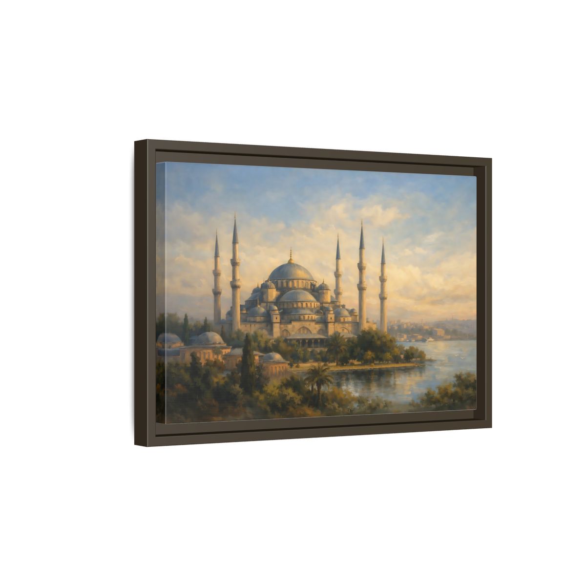 Side Mockup 5. Religious Mosque Blue Gold Mosque shown as stretched canvas wall art