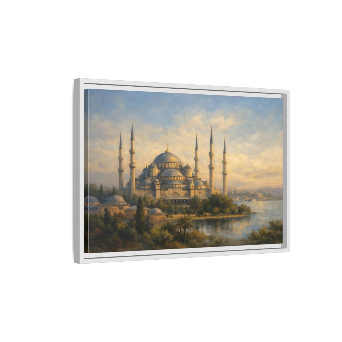 Side Mockup 1. Religious Mosque Blue Gold Mosque shown as stretched canvas wall art