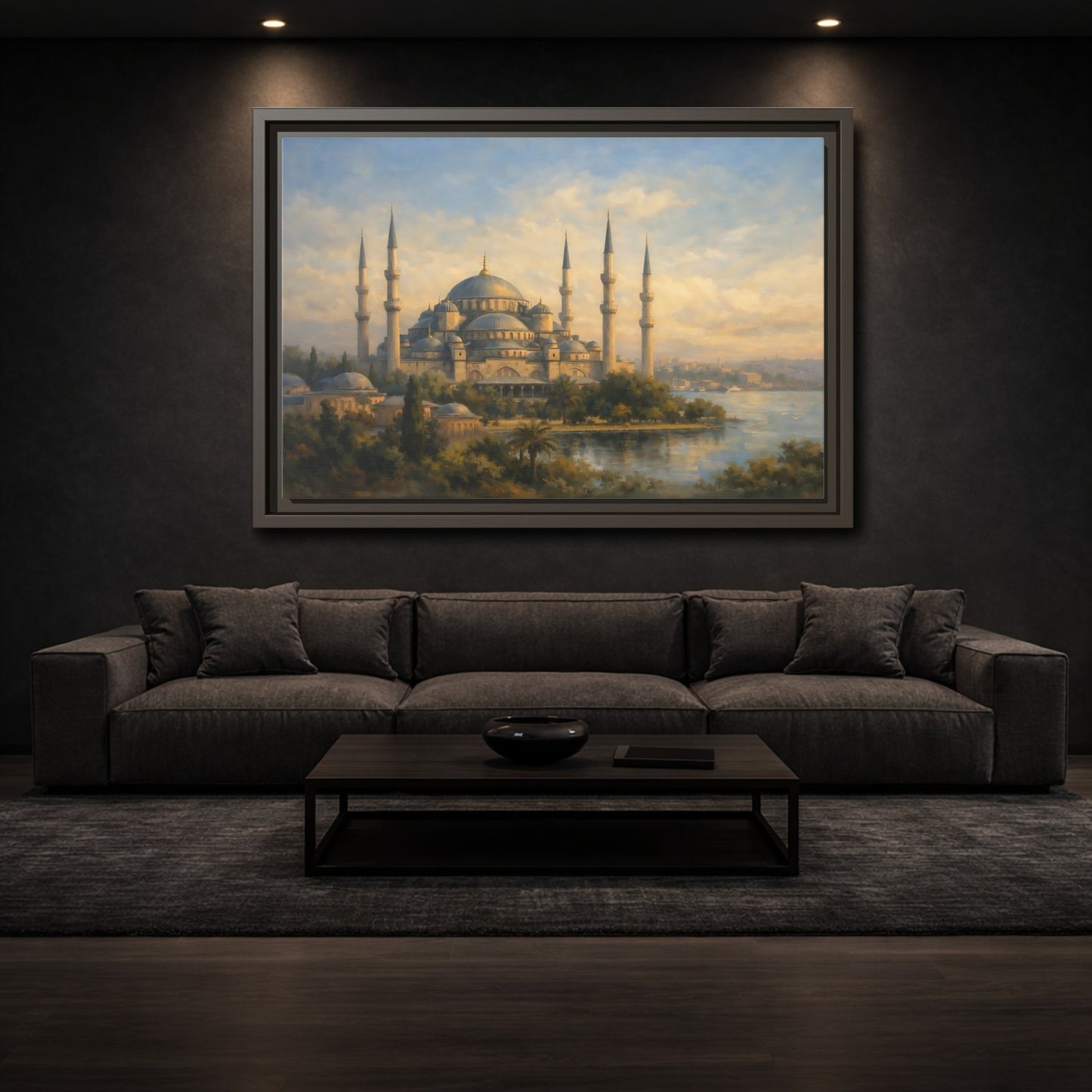 Mockup 2. Religious Mosque Blue Gold Mosque shown as stretched canvas wall art