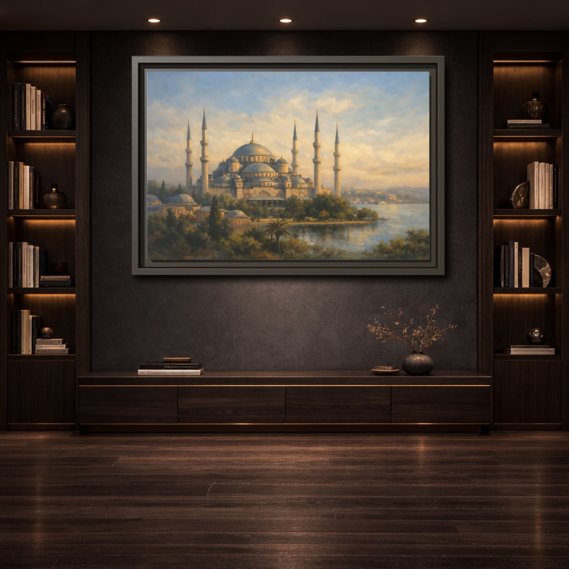 Mockup 3. Religious Mosque Blue Gold Mosque shown as stretched canvas wall art