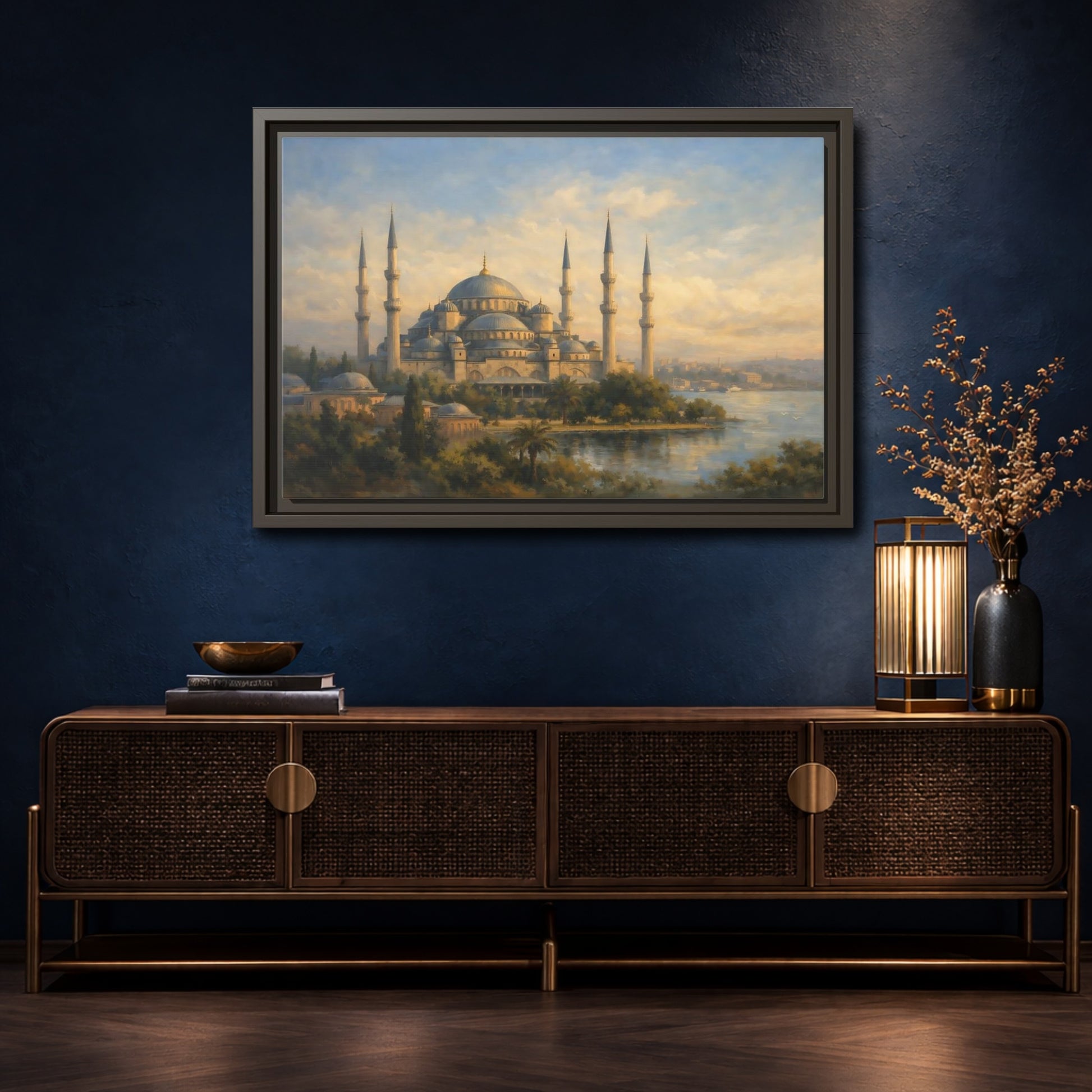 Mockup 4. Religious Mosque Blue Gold Mosque shown as stretched canvas wall art