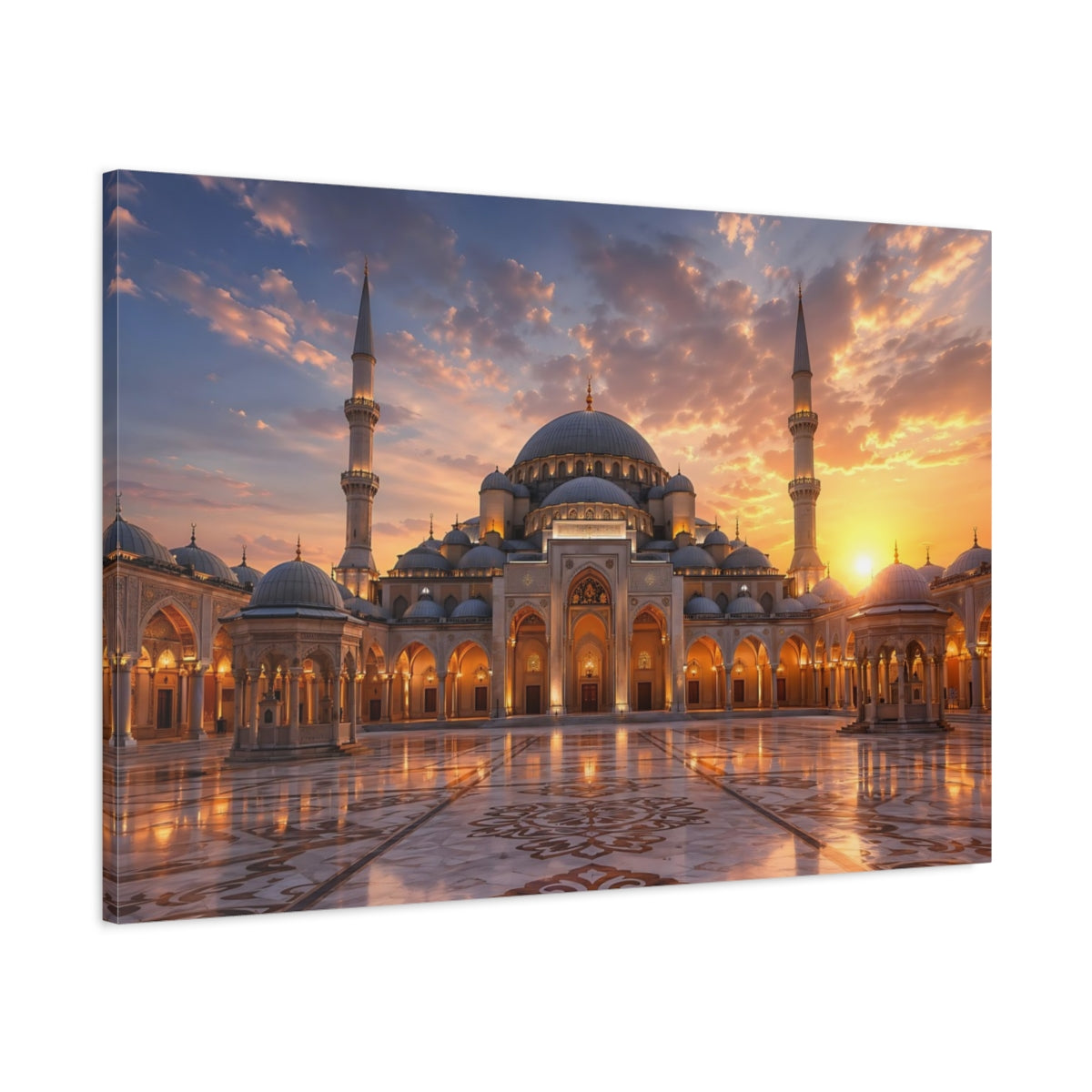 Main Mockup. Religious Mosque Grand Mosque Sunset shown as stretched canvas wall art