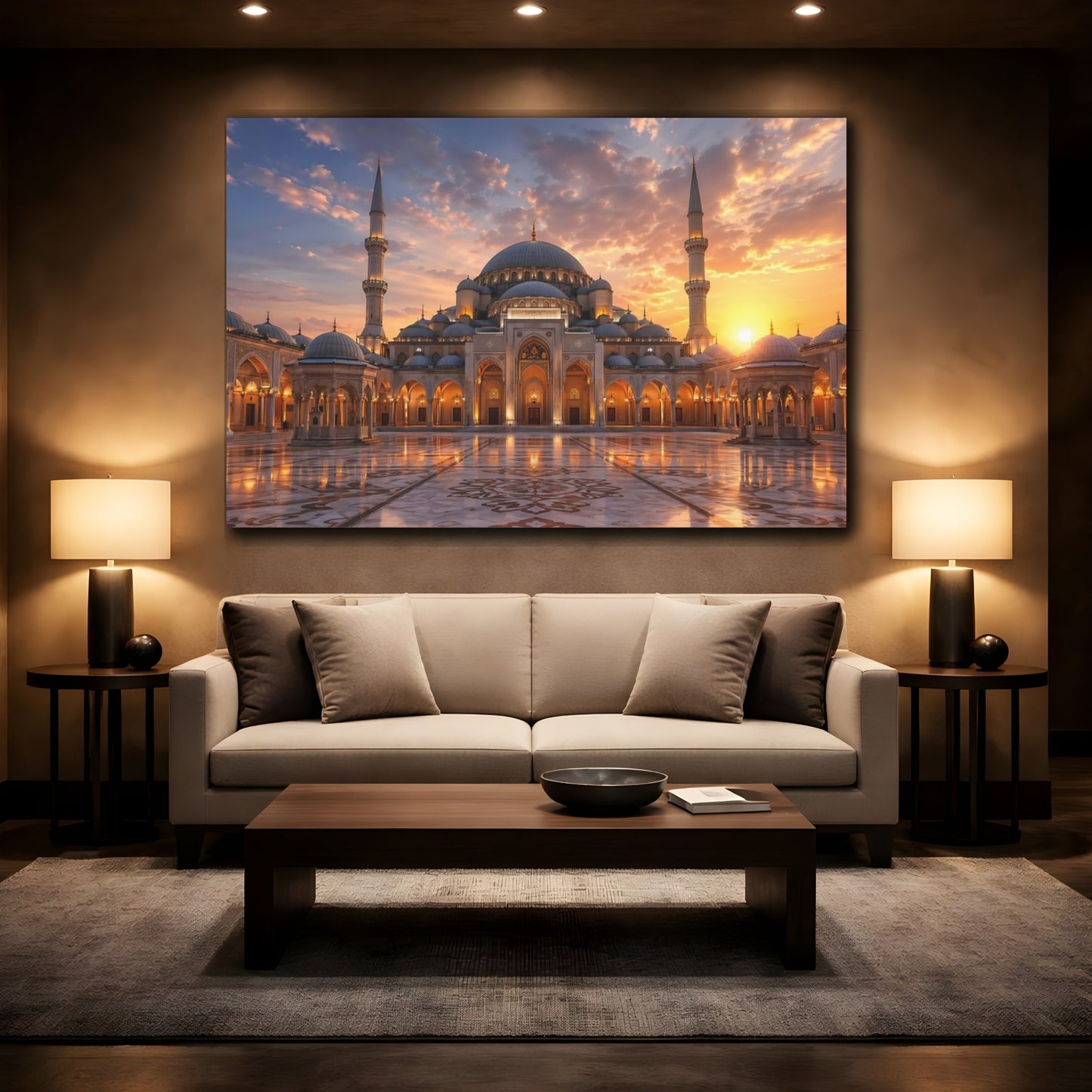 Mockup 2. Religious Mosque Grand Mosque Sunset shown as stretched canvas wall art