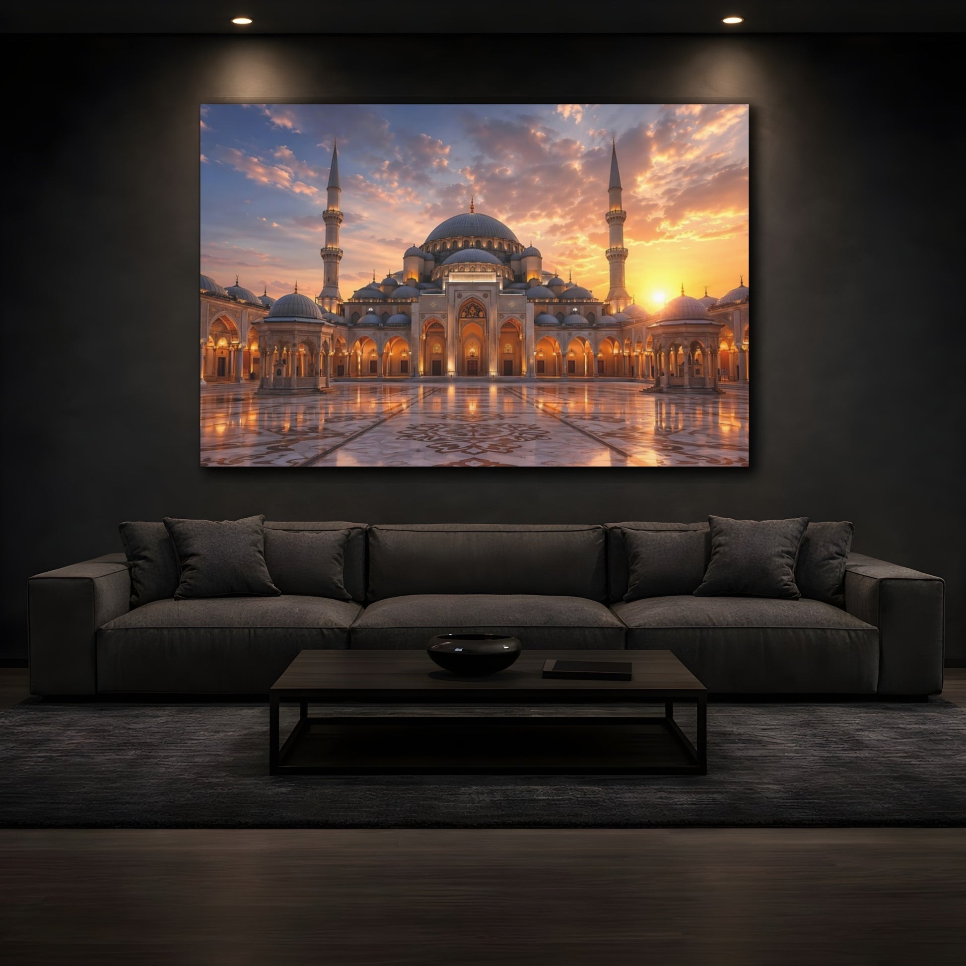 Mockup 3. Religious Mosque Grand Mosque Sunset shown as stretched canvas wall art