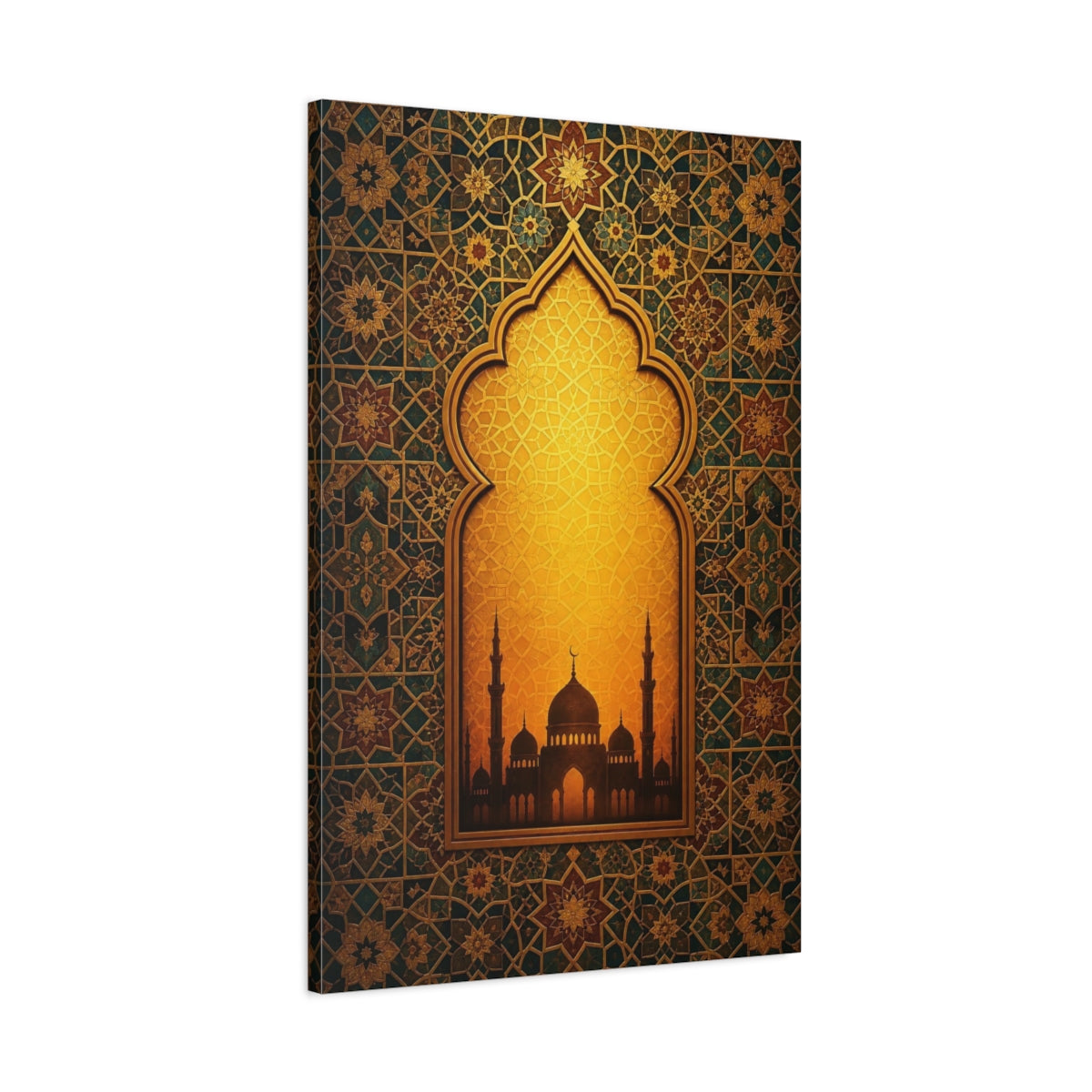 Main Mockup. Religious Mosque Silhouette Gold And Teal shown as stretched canvas wall art