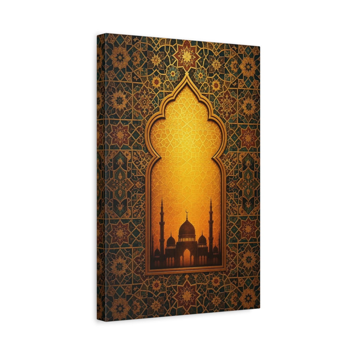 Side Mockup 4. Religious Mosque Silhouette Gold And Teal shown as stretched canvas wall art