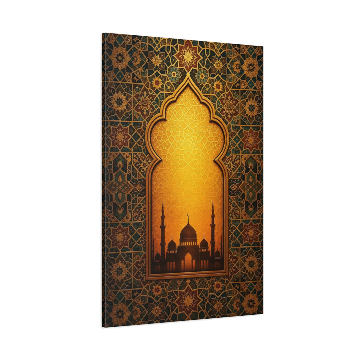 Side Mockup 1. Religious Mosque Silhouette Gold And Teal shown as stretched canvas wall art