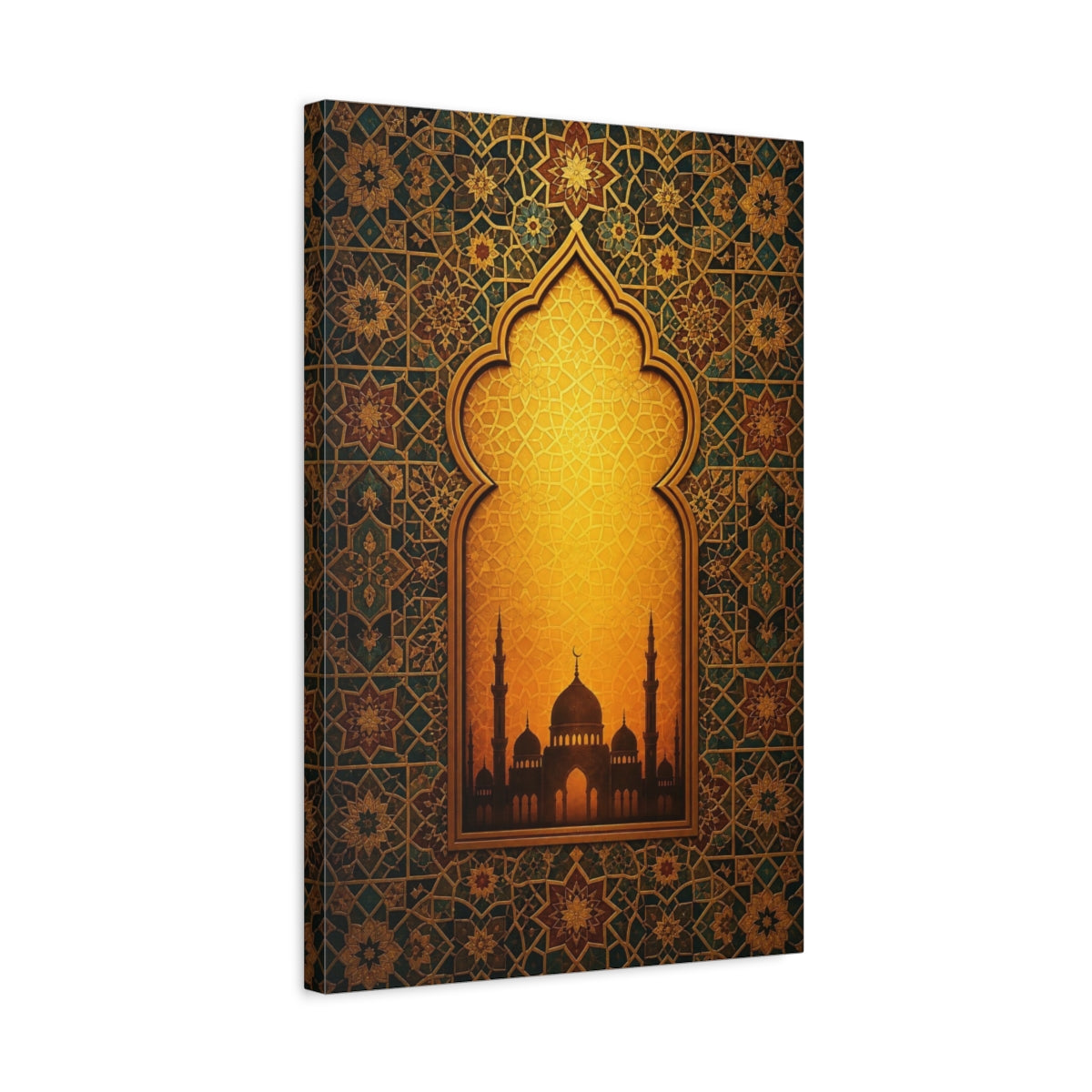 Side Mockup 3. Religious Mosque Silhouette Gold And Teal shown as stretched canvas wall art