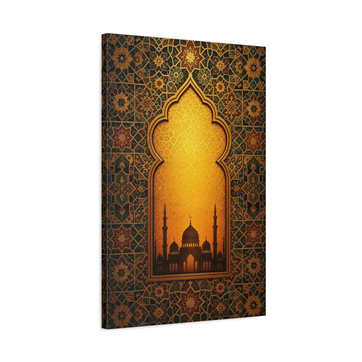 Side Mockup 2. Religious Mosque Silhouette Gold And Teal shown as stretched canvas wall art
