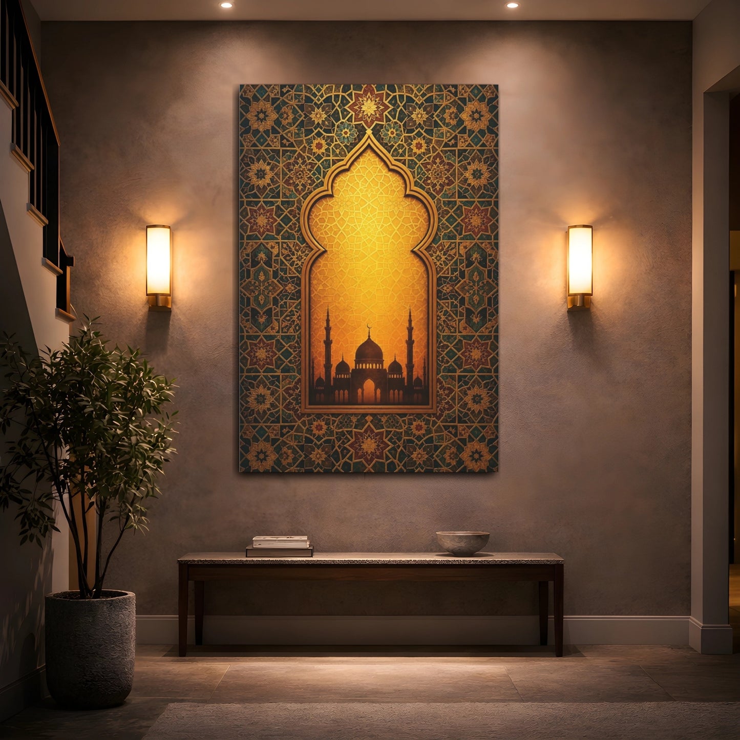 Mockup 2. Religious Mosque Silhouette Gold And Teal shown as stretched canvas wall art