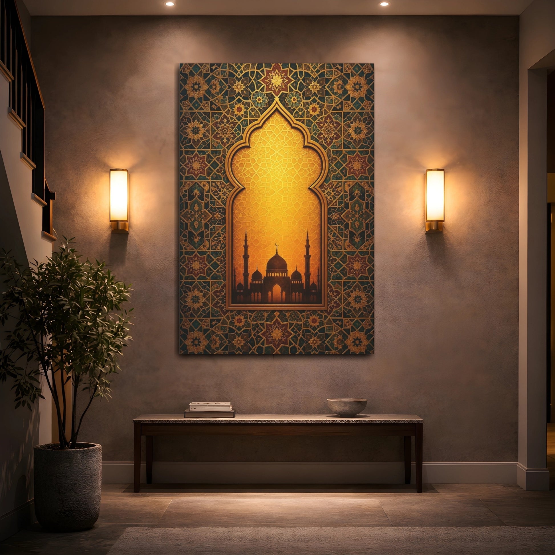 Mockup 2. Religious Mosque Silhouette Gold And Teal shown as stretched canvas wall art