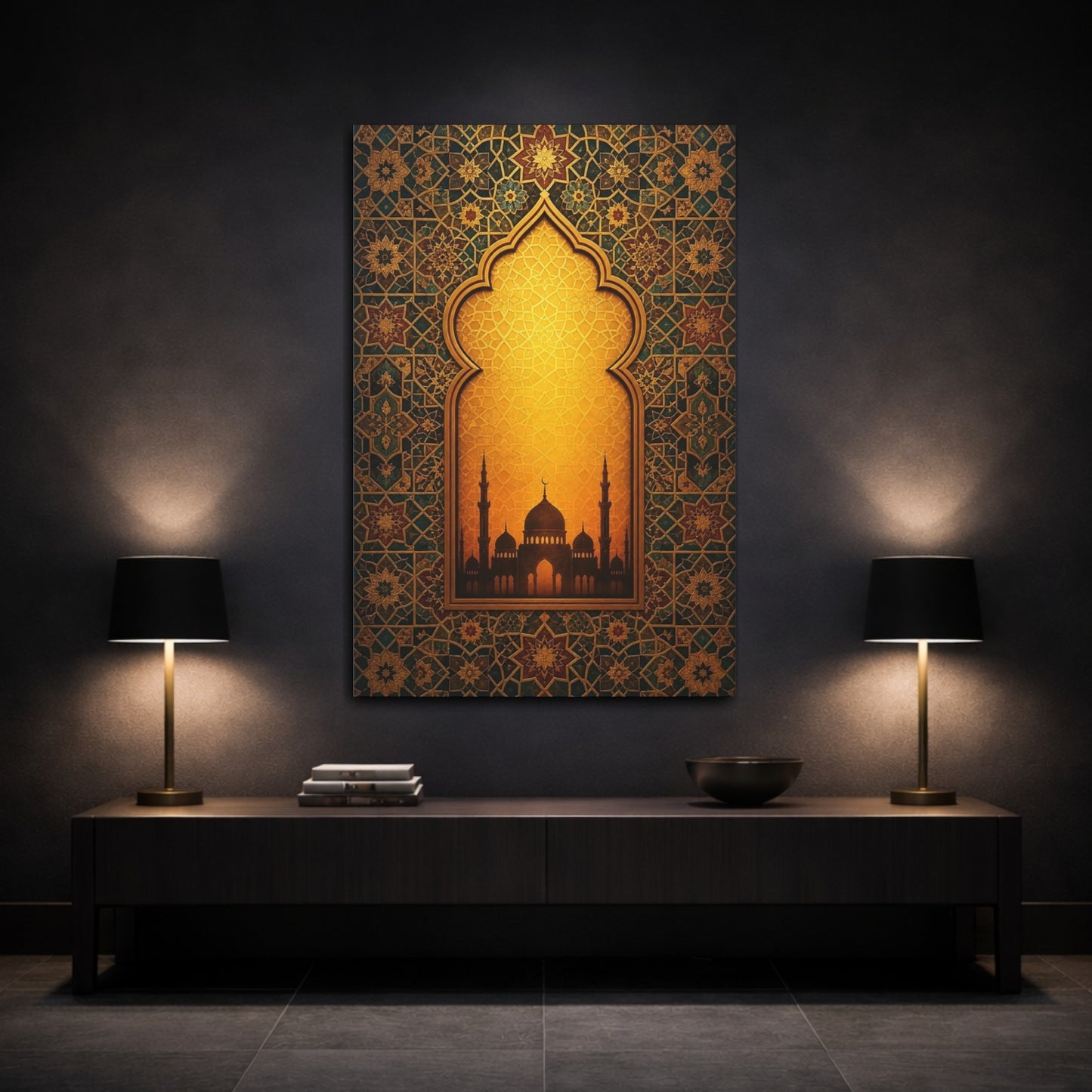 Mockup 3. Religious Mosque Silhouette Gold And Teal shown as stretched canvas wall art