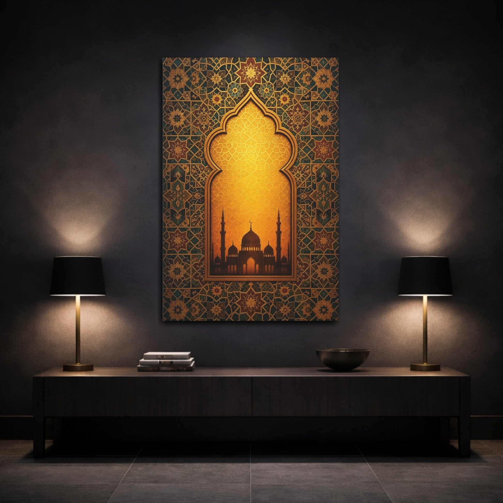 Mockup 3. Religious Mosque Silhouette Gold And Teal shown as stretched canvas wall art