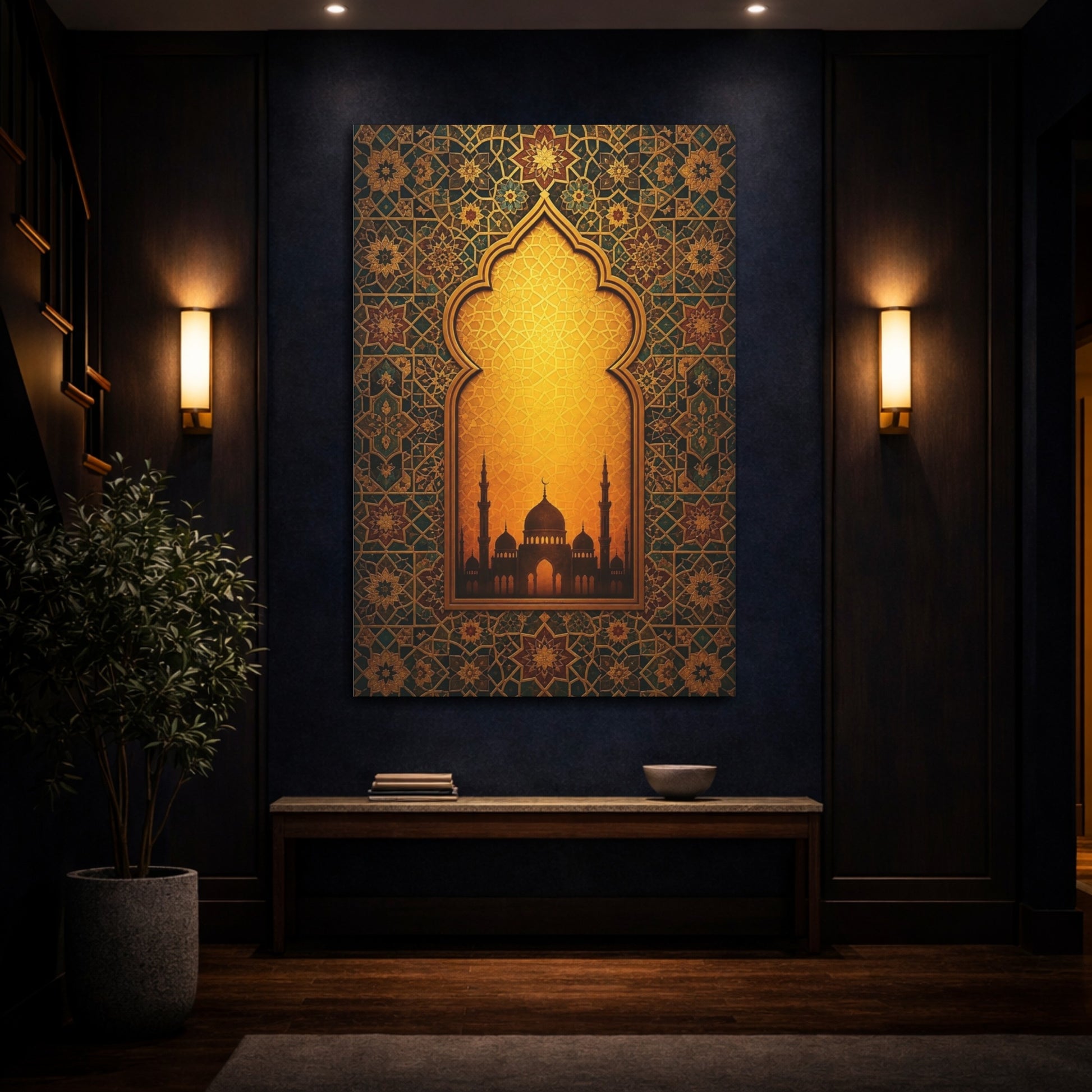 Mockup 4. Religious Mosque Silhouette Gold And Teal shown as stretched canvas wall art