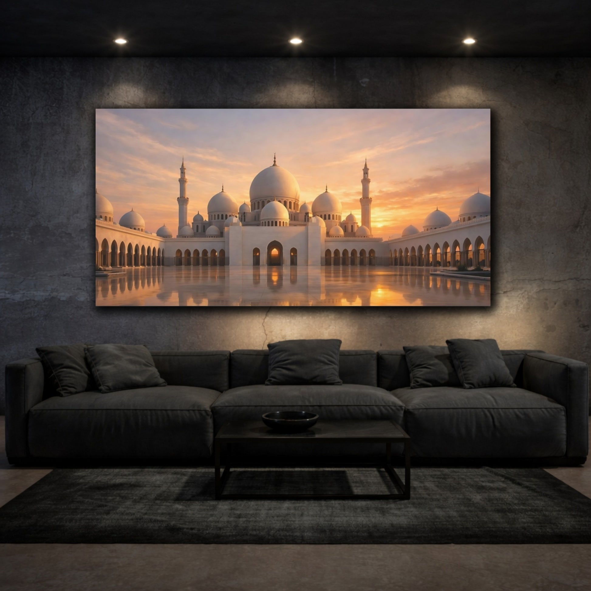 Mockup 2. Religious Mosque White Mosque Sunset shown as stretched canvas wall art