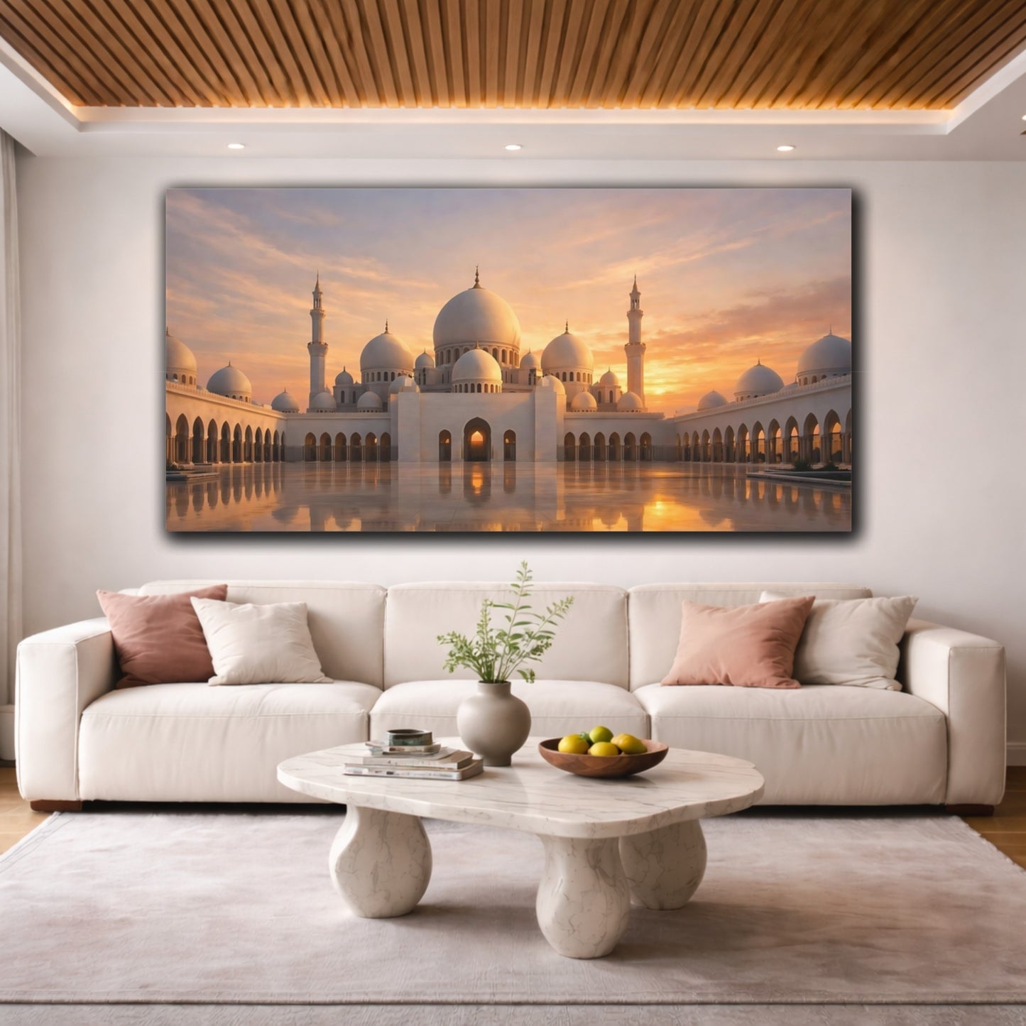 Mockup 3. Religious Mosque White Mosque Sunset shown as stretched canvas wall art