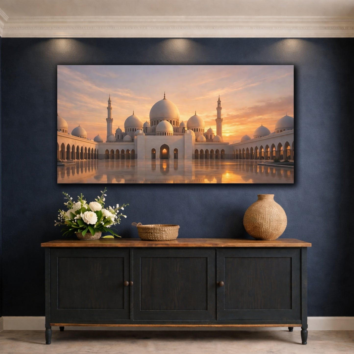 Mockup 4. Religious Mosque White Mosque Sunset shown as stretched canvas wall art