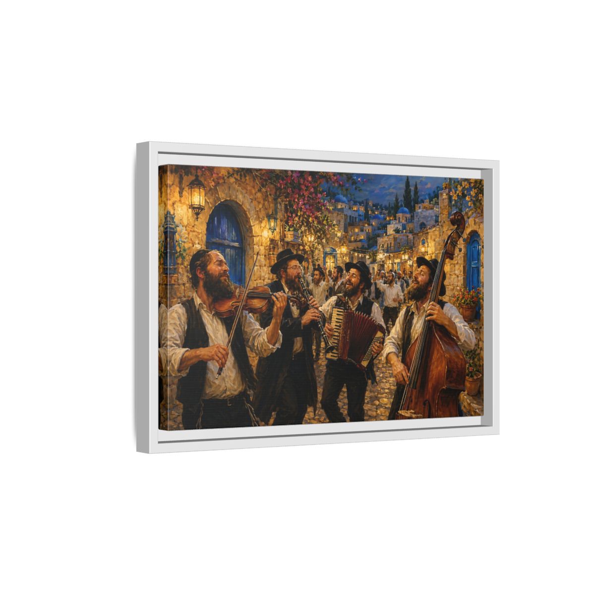 Side Mockup 4. Religious Musicians Golden Night Scene shown as framed canvas print