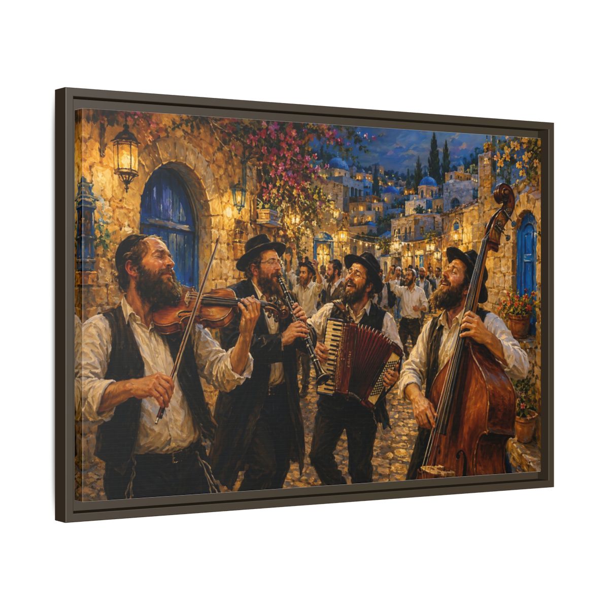 Side Mockup 11. Religious Musicians Golden Night Scene shown as framed canvas print