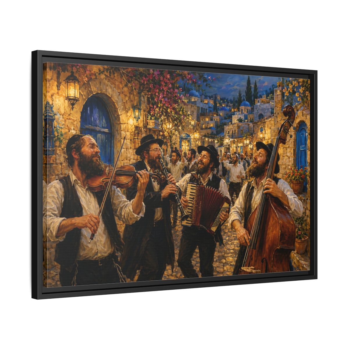 Side Mockup 14. Religious Musicians Golden Night Scene shown as framed canvas print