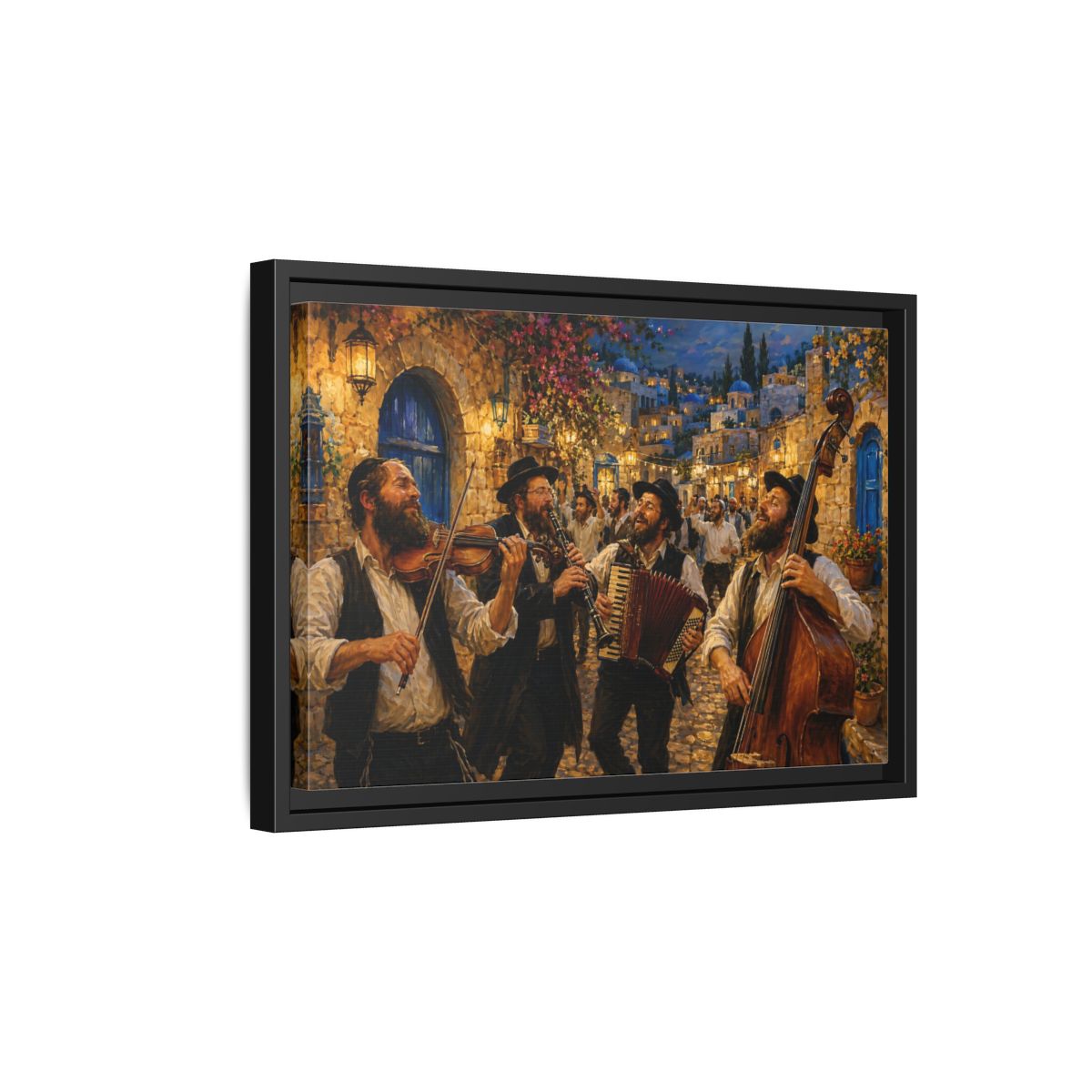 Side Mockup 6. Religious Musicians Golden Night Scene shown as framed canvas print