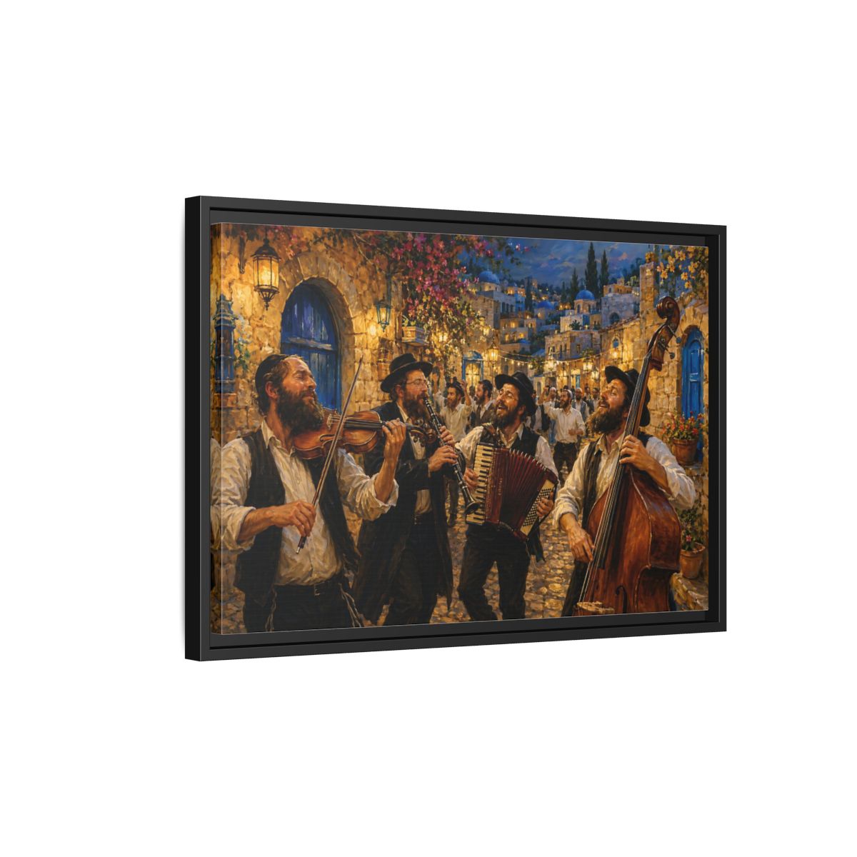 Side Mockup 3. Religious Musicians Golden Night Scene shown as framed canvas print