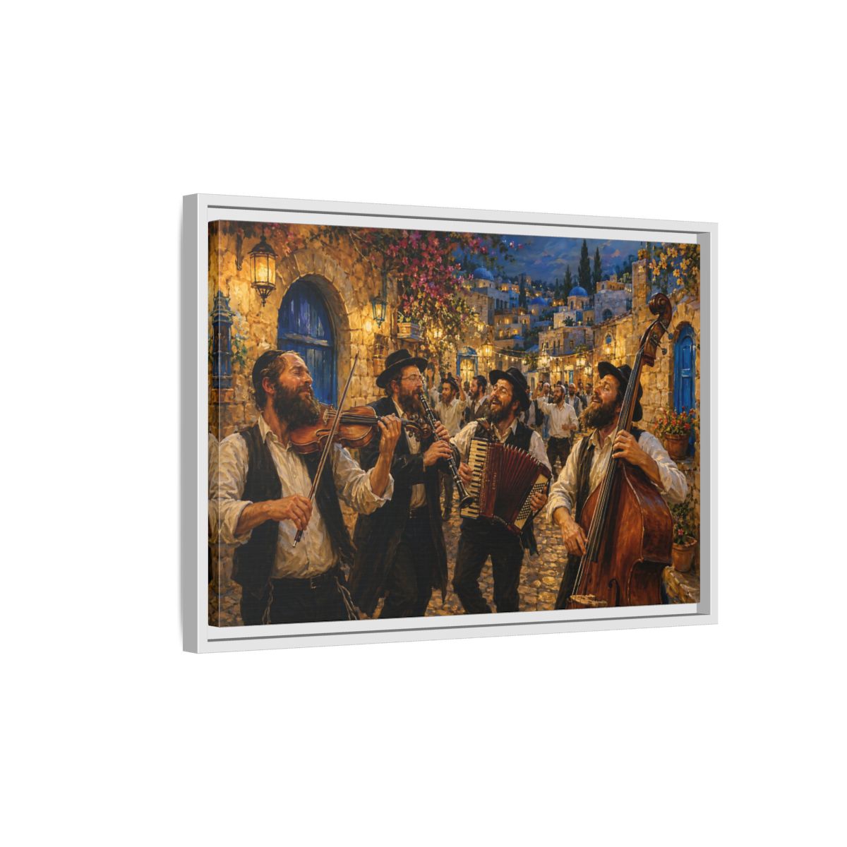 Side Mockup 1. Religious Musicians Golden Night Scene shown as framed canvas print
