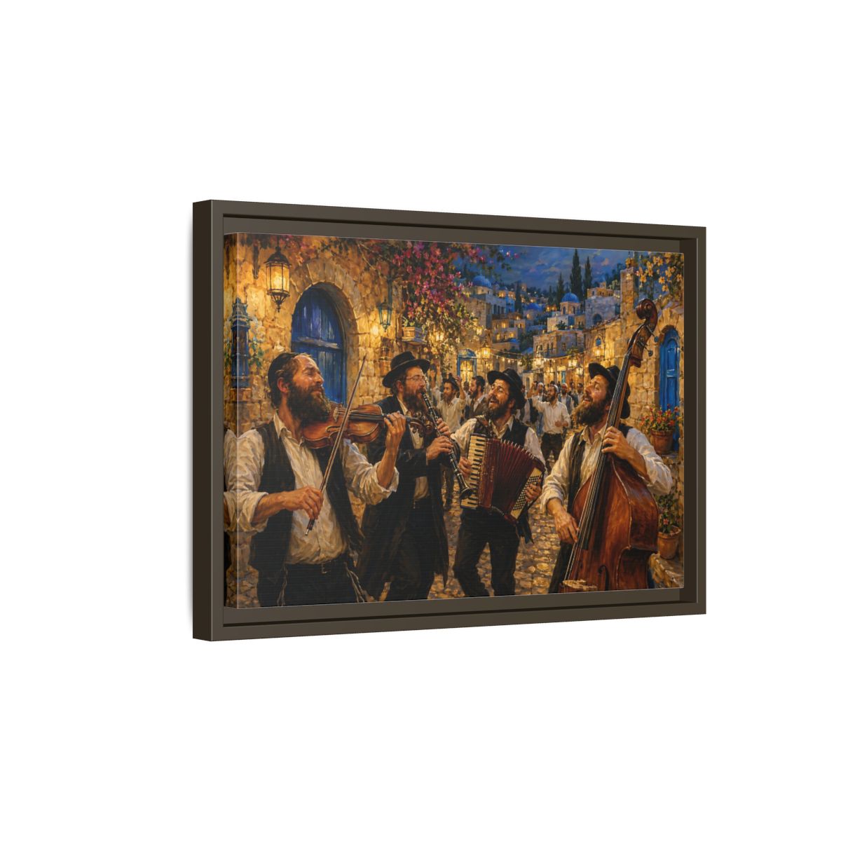 Side Mockup 5. Religious Musicians Golden Night Scene shown as framed canvas print