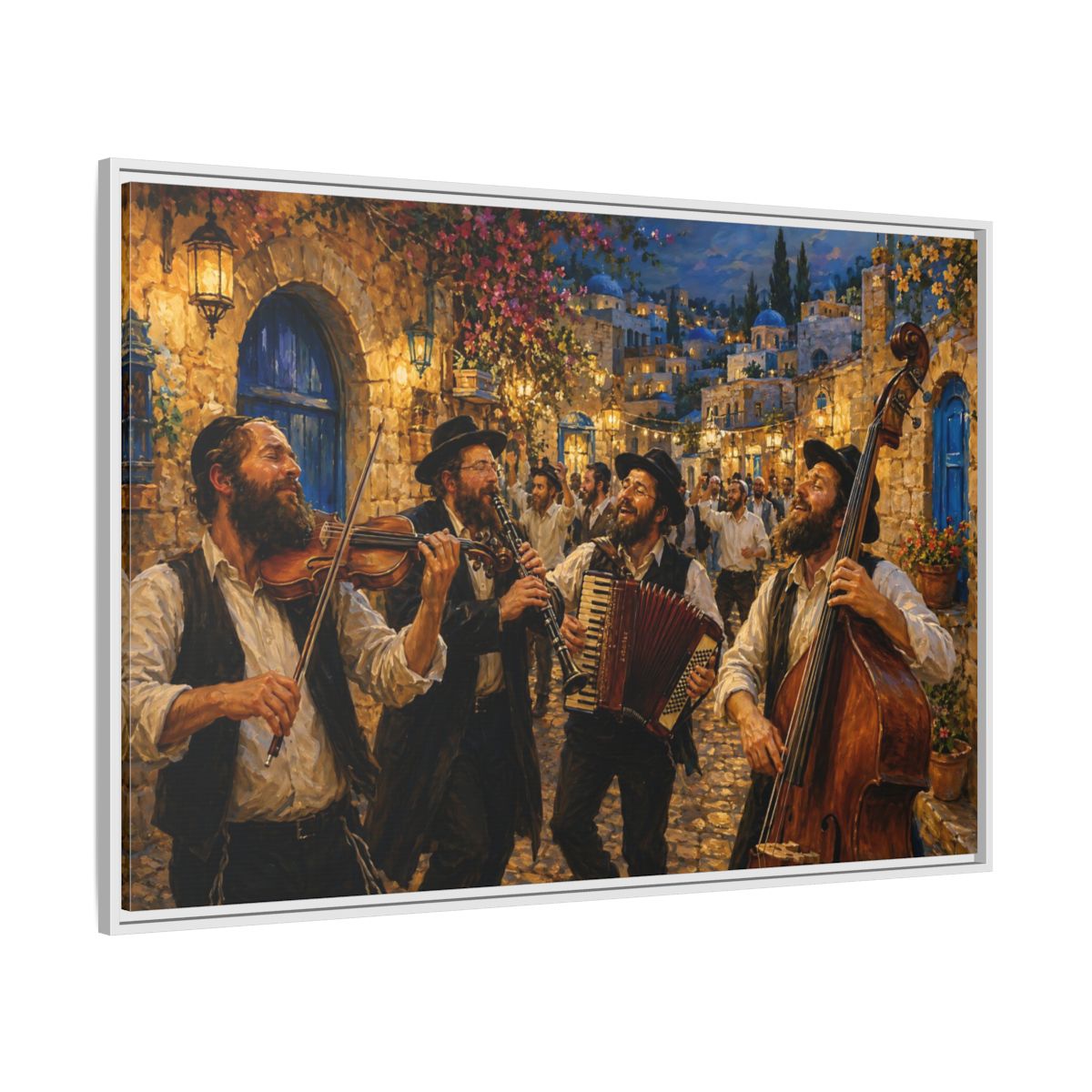 Side Mockup 7. Religious Musicians Golden Night Scene shown as framed canvas print