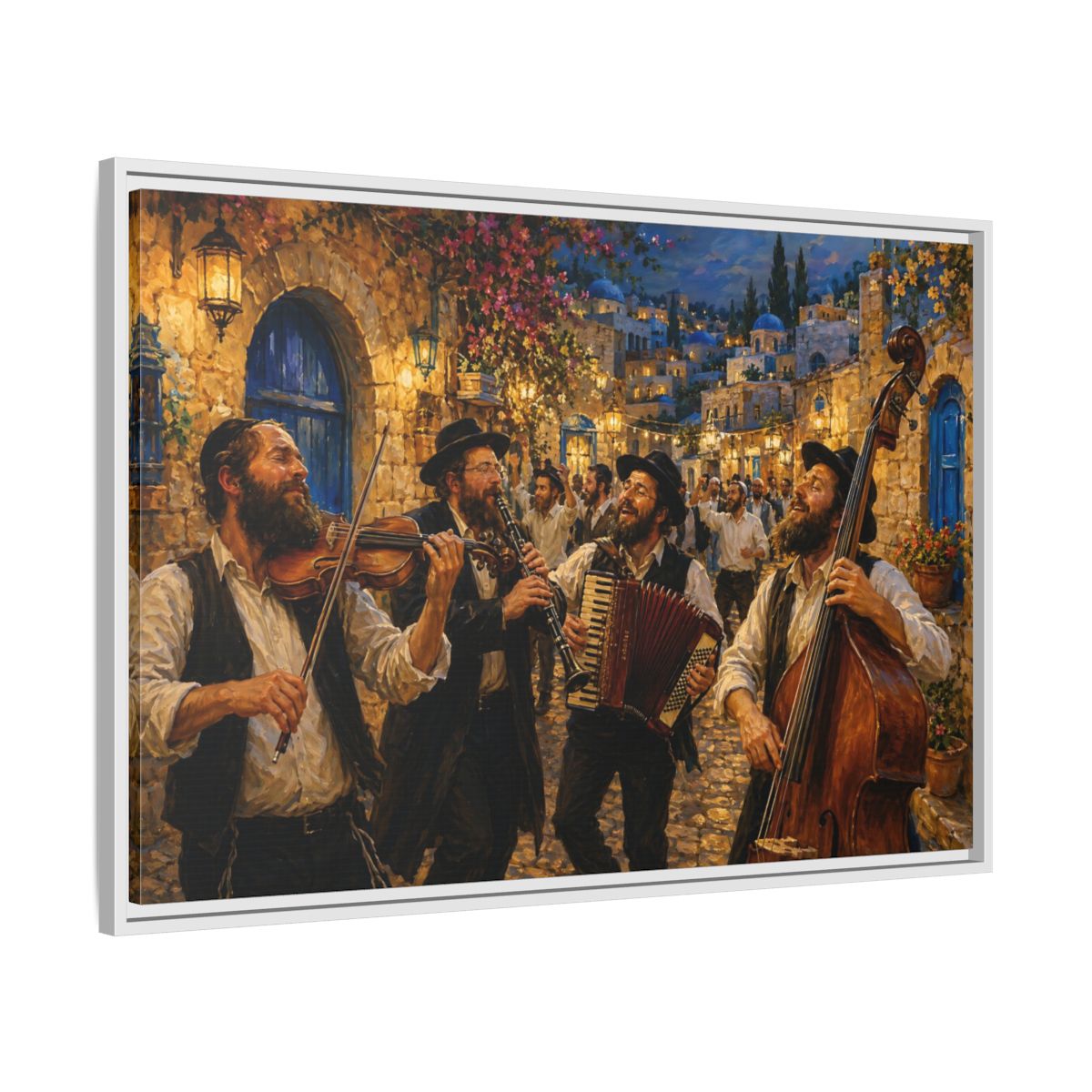 Side Mockup 9. Religious Musicians Golden Night Scene shown as framed canvas print