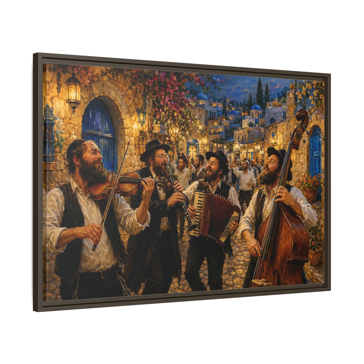 Main Mockup. Religious Musicians Golden Night Scene shown as framed canvas print