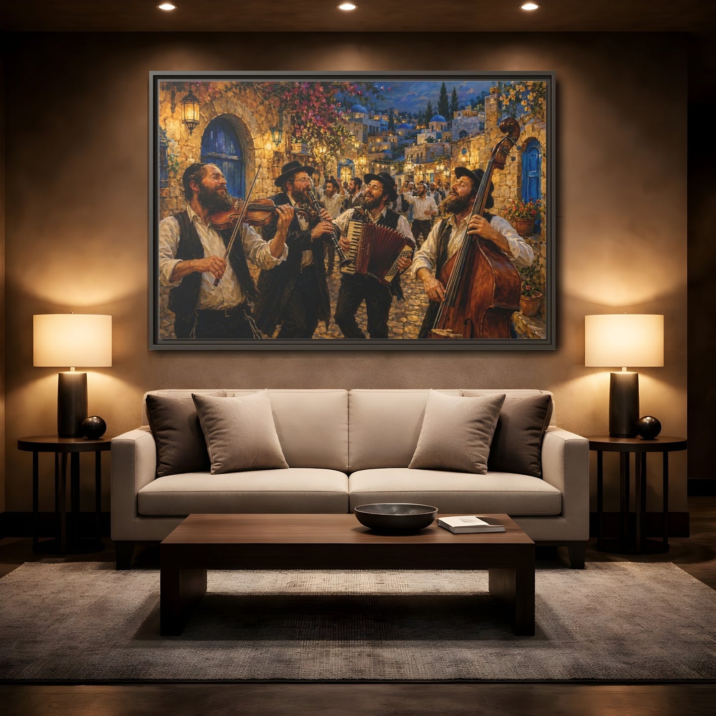 Mockup 2. Religious Musicians Golden Night Scene shown as framed canvas print