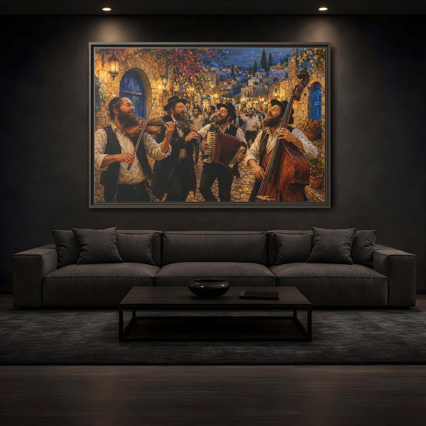 Mockup 3. Religious Musicians Golden Night Scene shown as framed canvas print