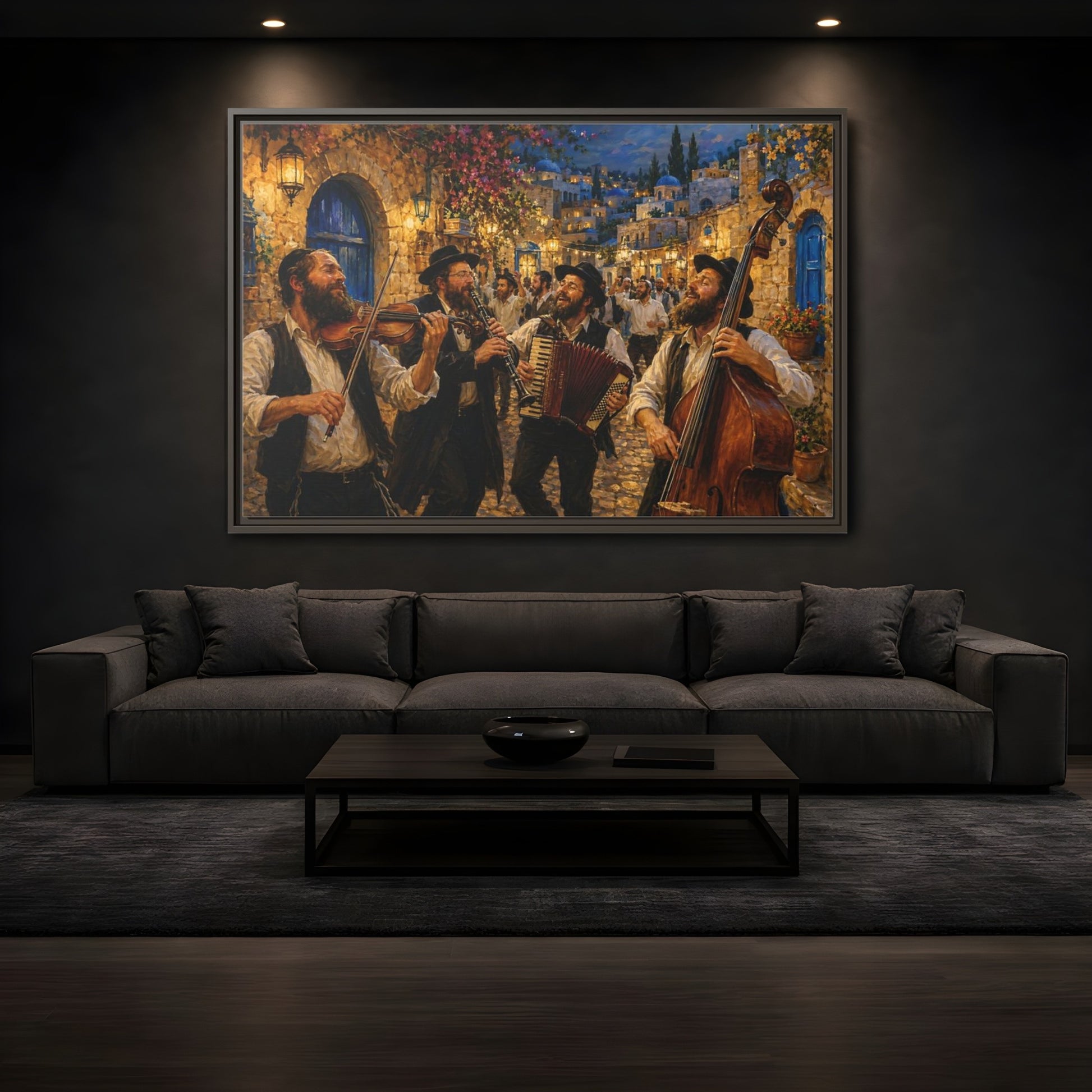 Mockup 3. Religious Musicians Golden Night Scene shown as framed canvas print