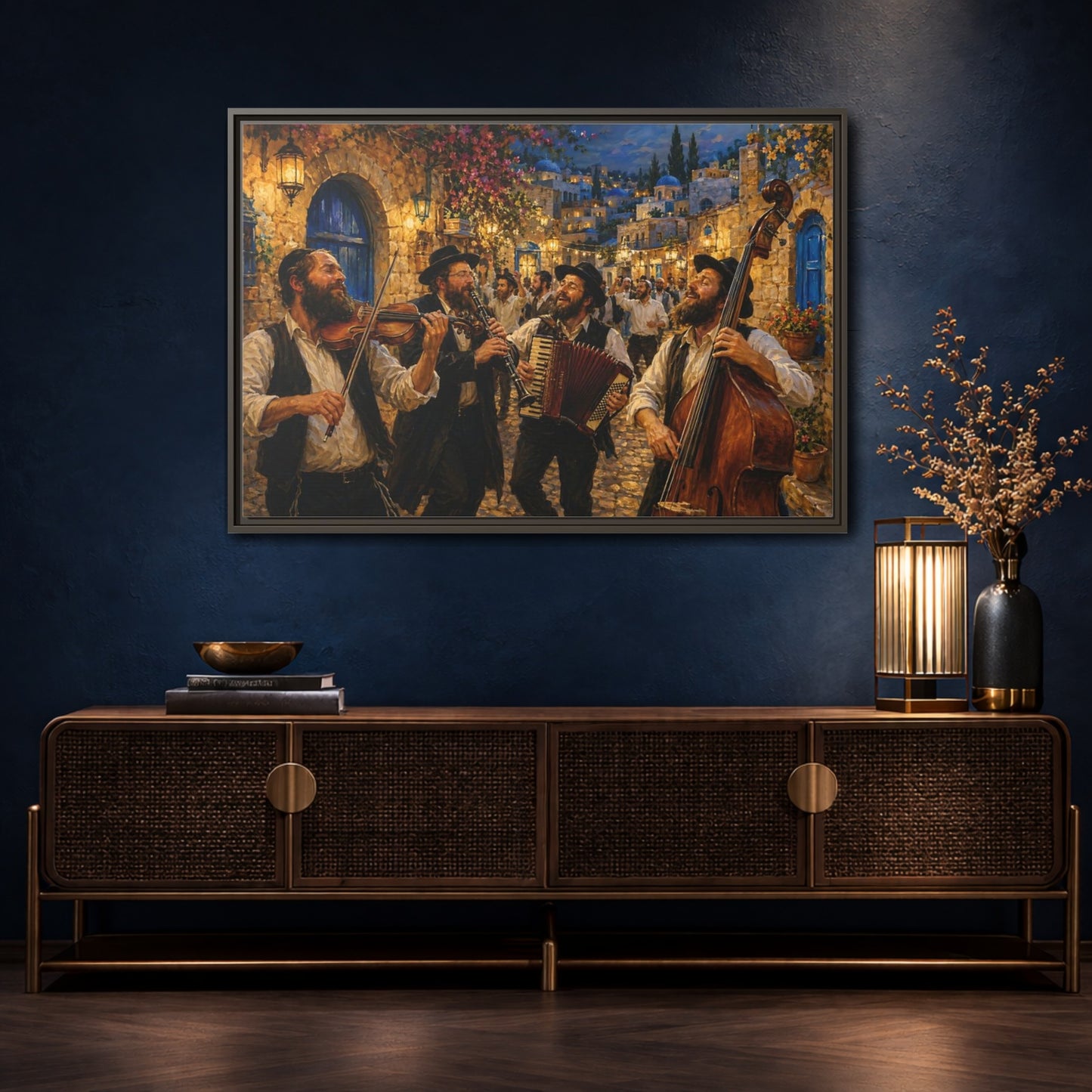 Mockup 4. Religious Musicians Golden Night Scene shown as framed canvas print
