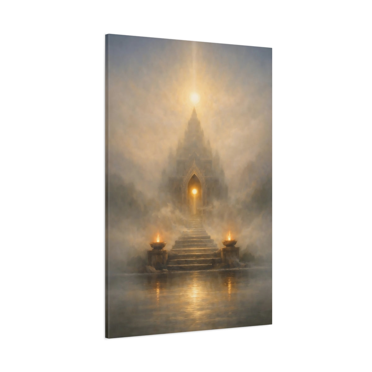 Main Mockup. Religious Mystical Temple Gold And Grey shown as stretched canvas wall art