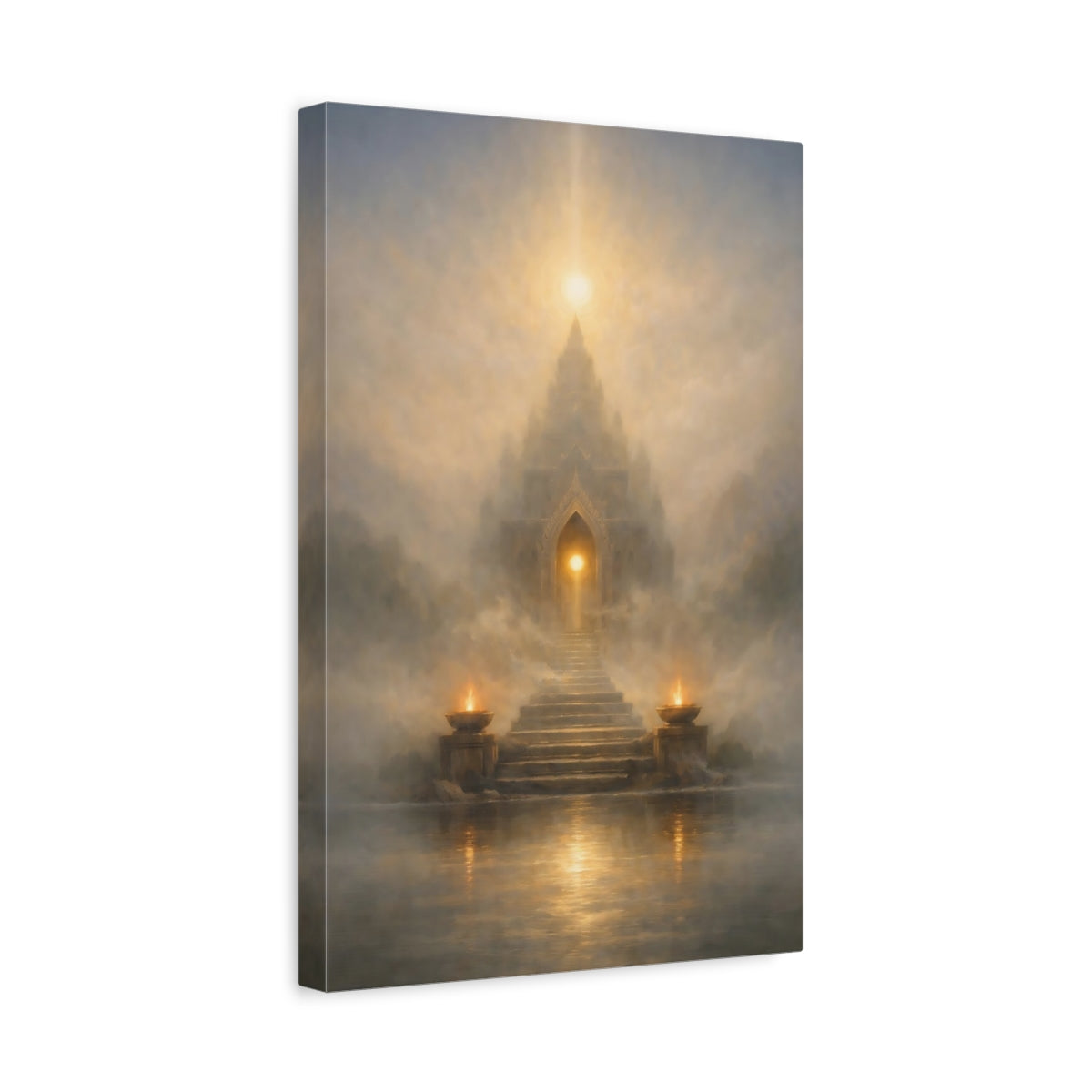 Side Mockup 4. Religious Mystical Temple Gold And Grey shown as stretched canvas wall art