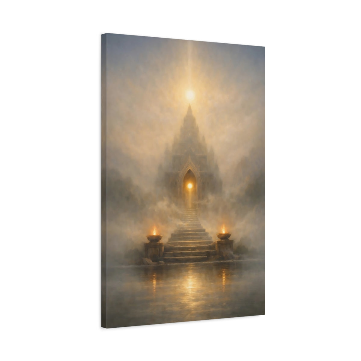 Side Mockup 2. Religious Mystical Temple Gold And Grey shown as stretched canvas wall art