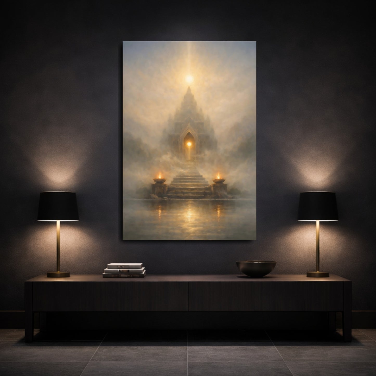 Mockup 2. Religious Mystical Temple Gold And Grey shown as stretched canvas wall art