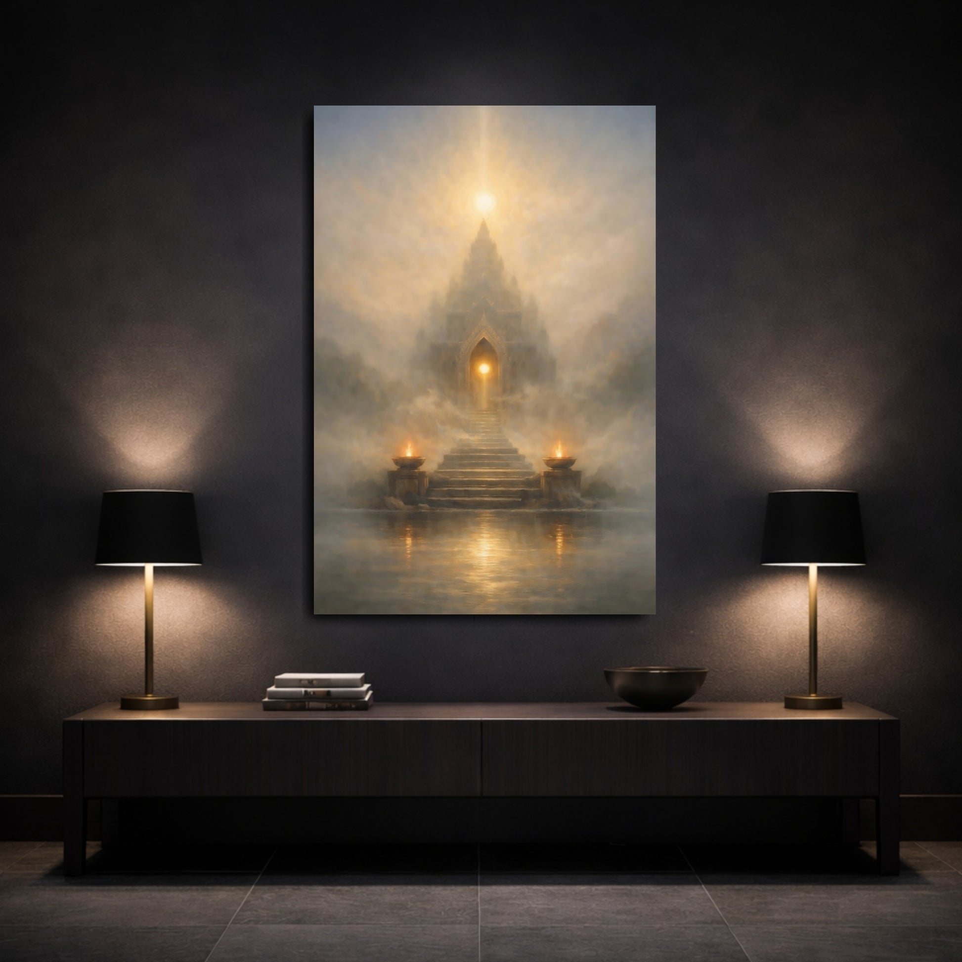 Mockup 2. Religious Mystical Temple Gold And Grey shown as stretched canvas wall art