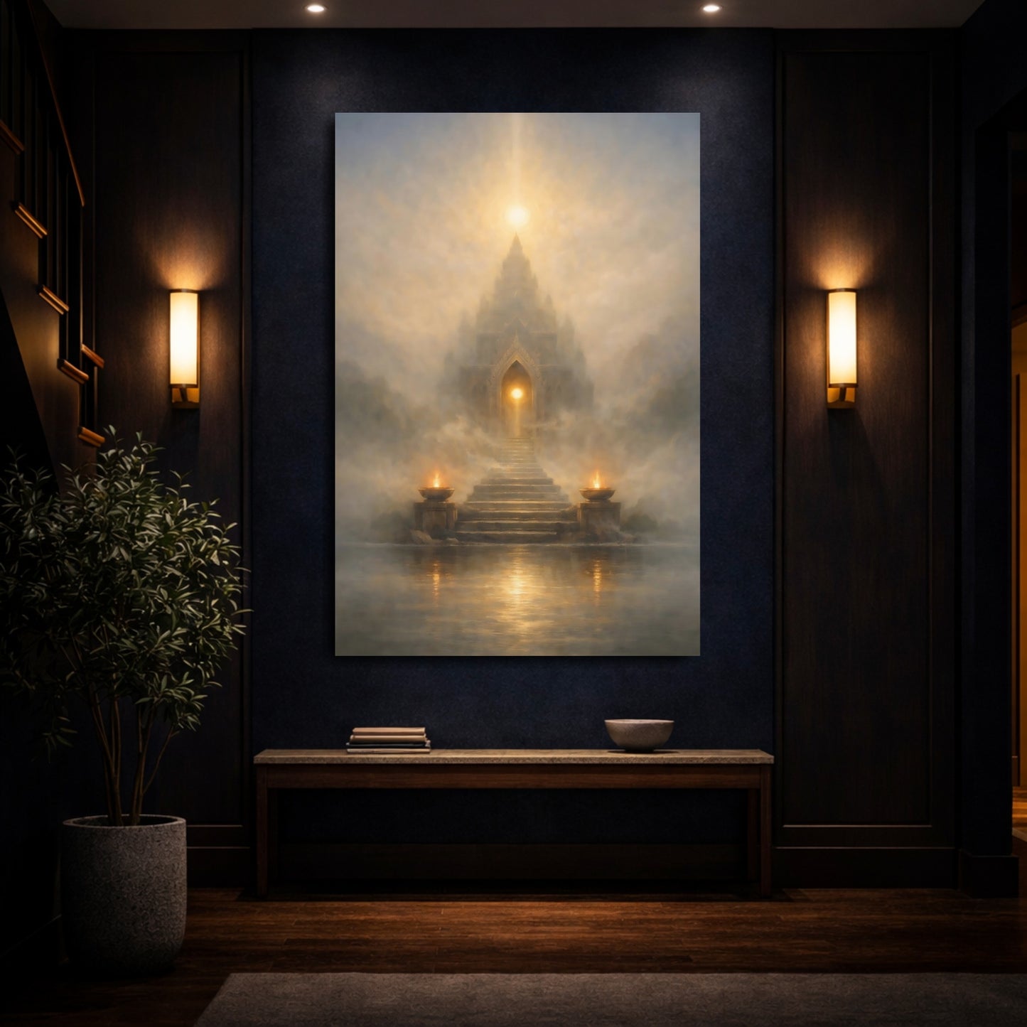 Mockup 3. Religious Mystical Temple Gold And Grey shown as stretched canvas wall art