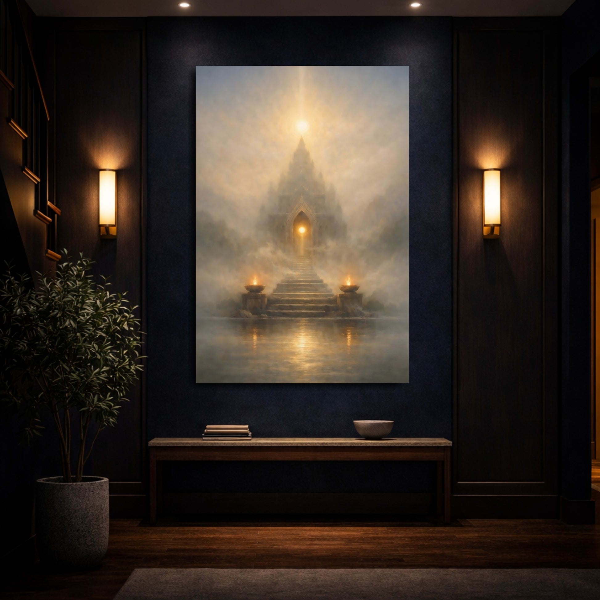 Mockup 3. Religious Mystical Temple Gold And Grey shown as stretched canvas wall art