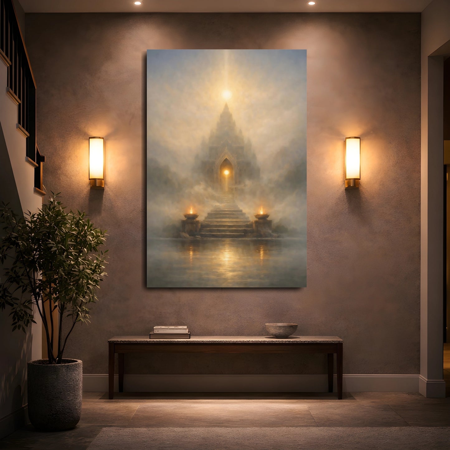 Mockup 4. Religious Mystical Temple Gold And Grey shown as stretched canvas wall art