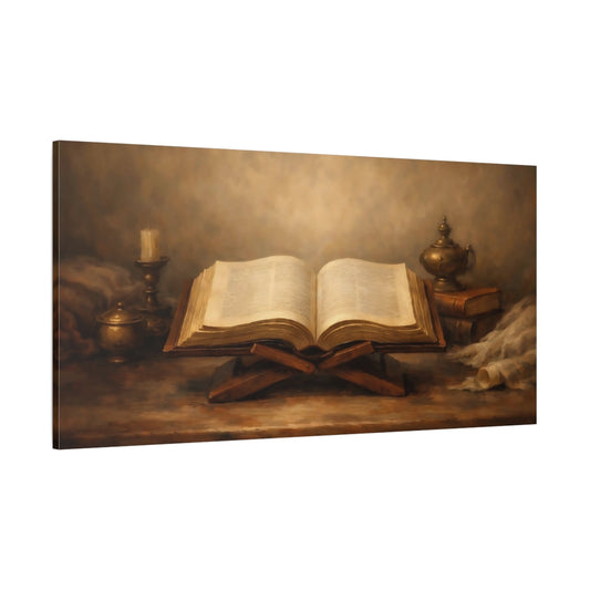 Main Mockup. Religious Open Book Brown And Gold shown as stretched canvas wall art