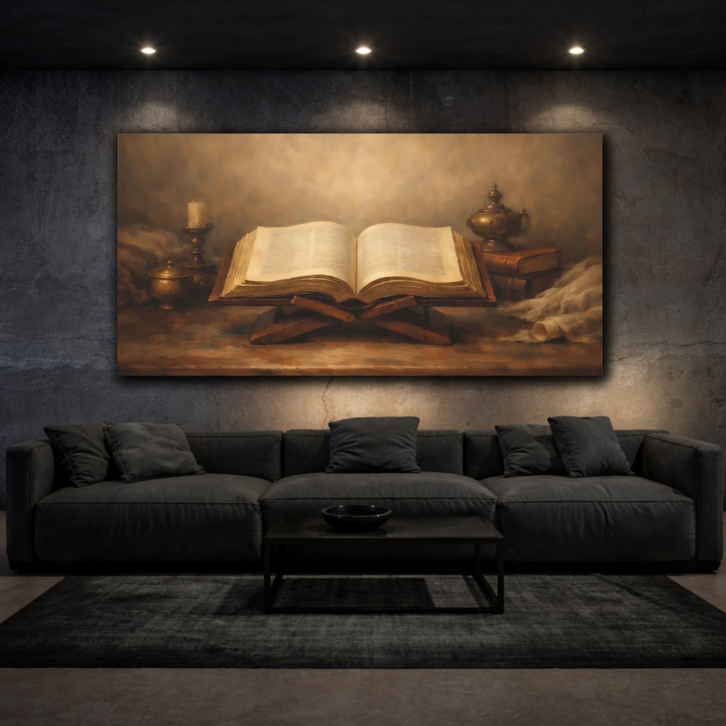 Mockup 2. Religious Open Book Brown And Gold shown as stretched canvas wall art