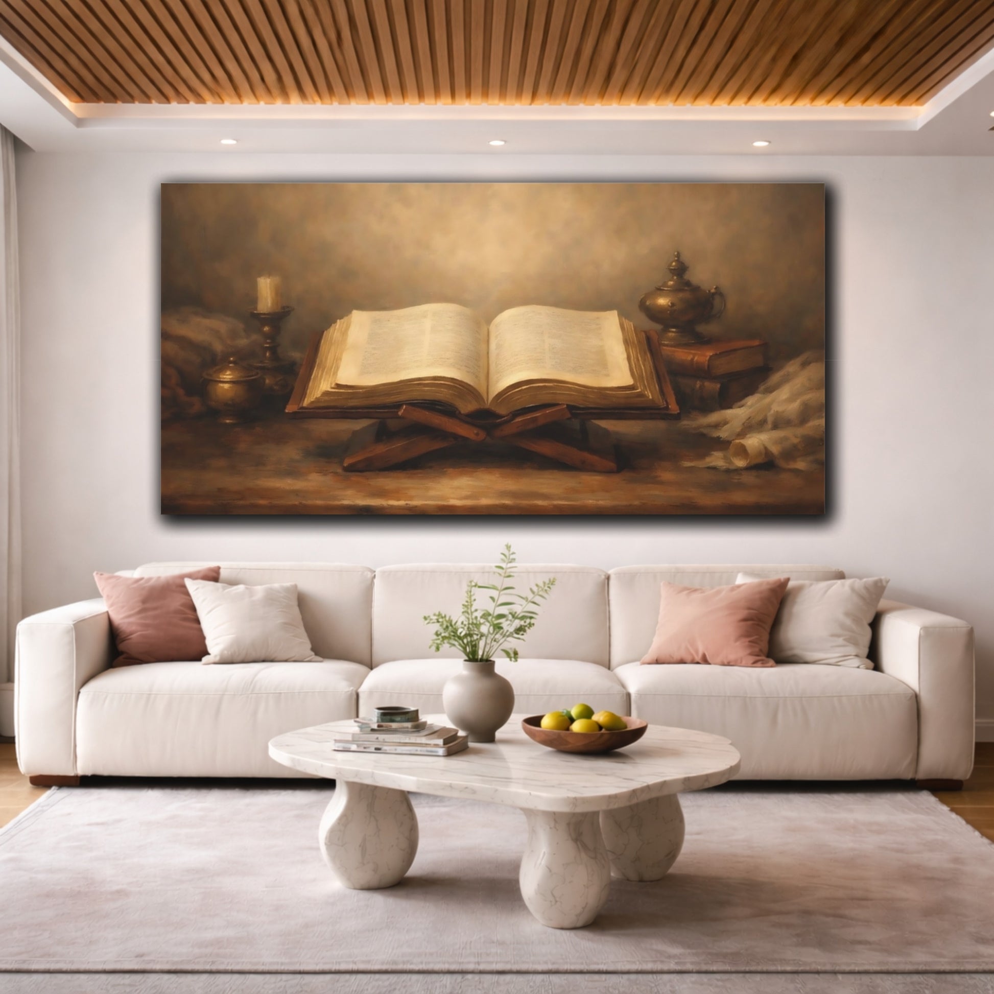 Mockup 3. Religious Open Book Brown And Gold shown as stretched canvas wall art