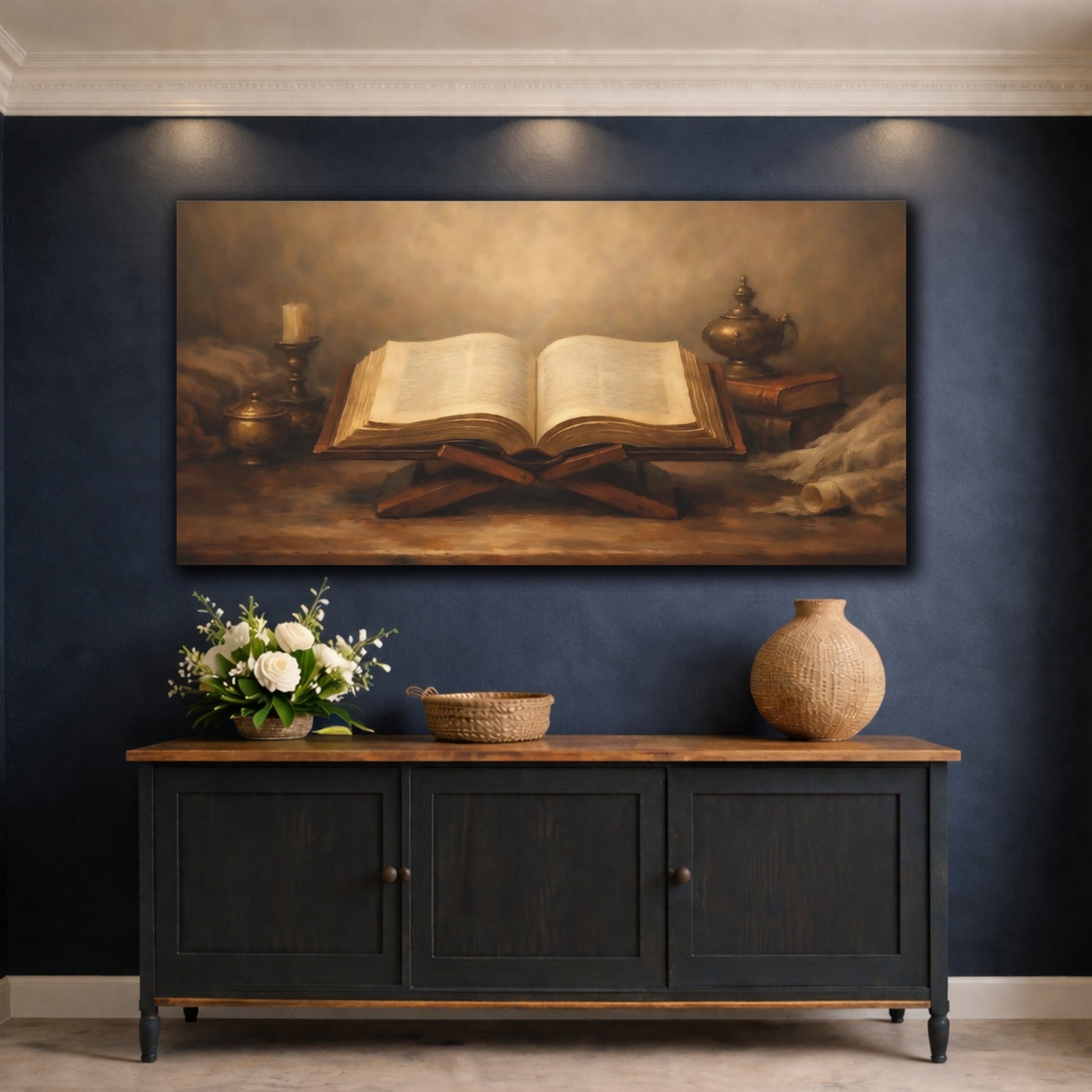 Mockup 4. Religious Open Book Brown And Gold shown as stretched canvas wall art