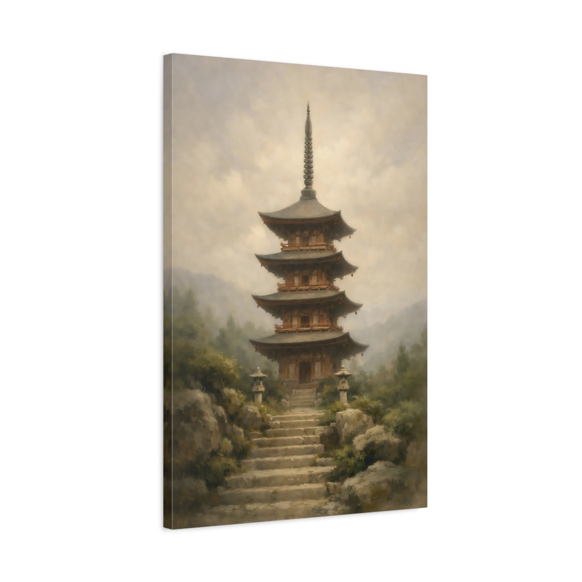 Side Mockup 2. Religious Pagoda Japanese Pagoda shown as stretched canvas wall art